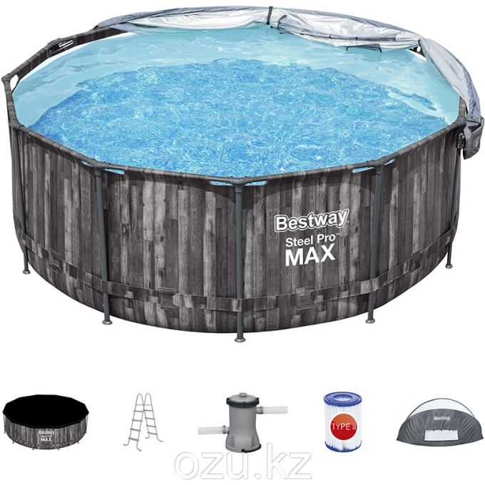 Каркасный бассейн BESTWAY STEEL PRO MAX 366х122см, 10250л, с навесом, фил.-насос 2006л/ч, лестница, тент 5619K BW Каркасный бассейн BESTWAY STEEL PRO MAX 366х122см, 10250л, с навесом, фил.-насос 2006л/ч, лестница, тент 5619K BW