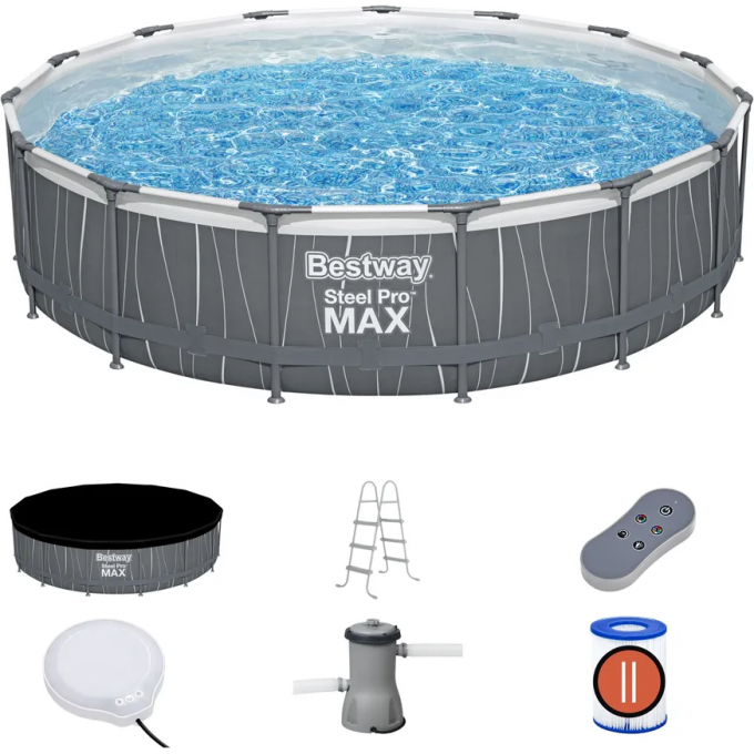 Каркасный бассейн BESTWAY STEEL PRO MAX 561GD 457x107 см, 14970 л, фильтр-насос 3028 л\ч, лестница, тент, подсветка 561GD BW Каркасный бассейн BESTWAY STEEL PRO MAX 561GD 457x107 см, 14970 л, фильтр-насос 3028 л\ч, лестница, тент, подсветка 561GD BW