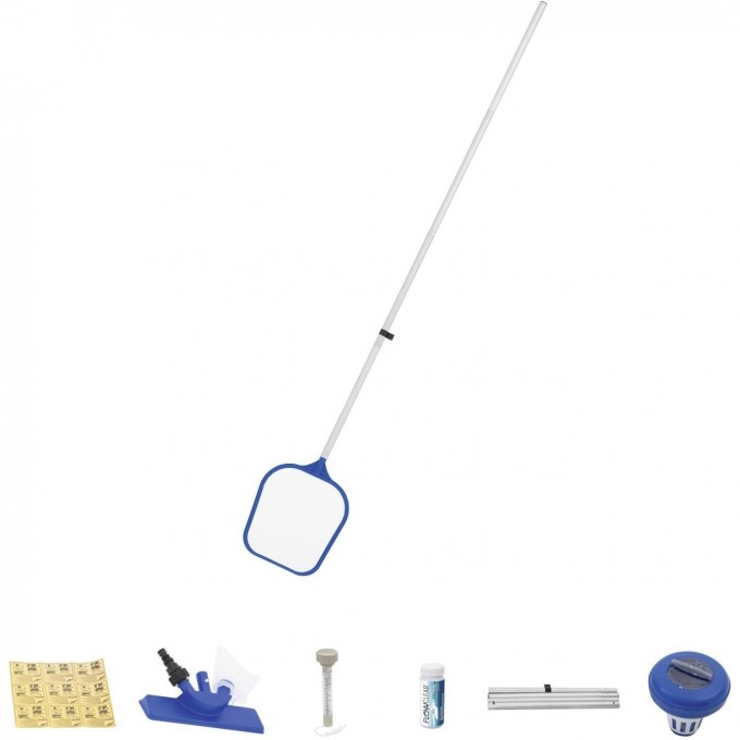 Набор для чистки бассейна BESTWAY (ручка 161 см, сачок, щетка, дозатор, термометр, тест-полоски, рем. набор) 58195 BW Набор для чистки бассейна BESTWAY (ручка 161 см, сачок, щетка, дозатор, термометр, тест-полоски, рем. набор) 58195 BW